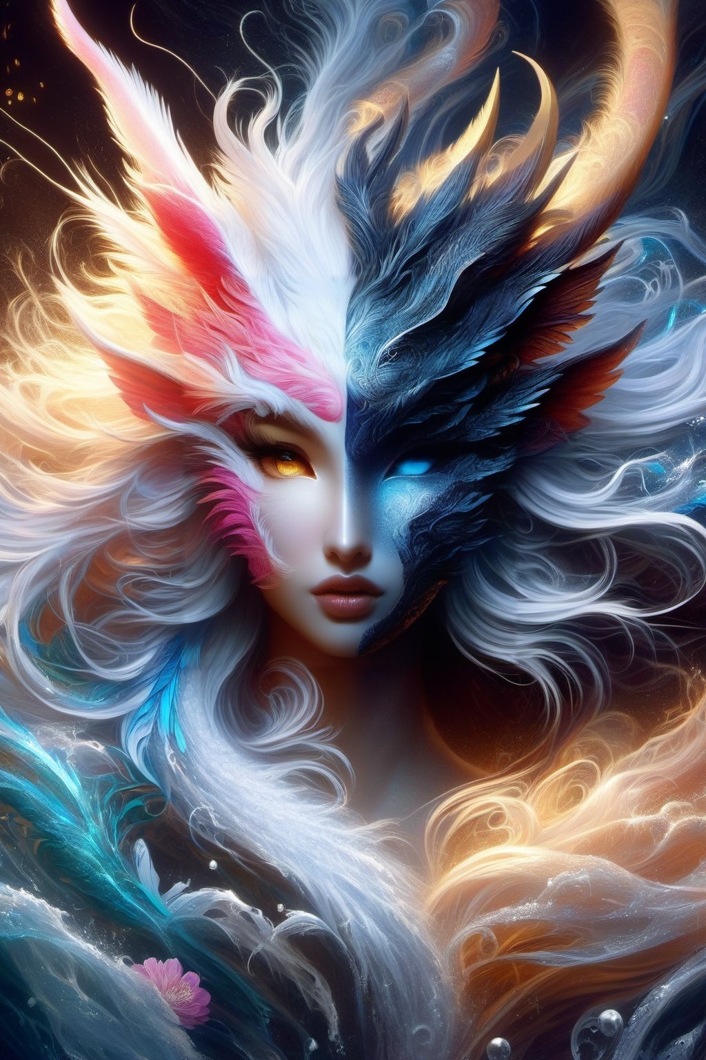 ice and water dragon, anthropomorphic. head and shoulders portrait, hyperdetailed, 1girl, four elements, shadowlike deity, dreamlike, breathtaking hyperdetailed fantasy art, beautiful water cold colours, insane depth, perfect composition, intricate detail, beautiful vibrant background 1girl, solo, hair ornament, blue eyes, flower, lips, ocean flowing water, feathers, realistic, dark
