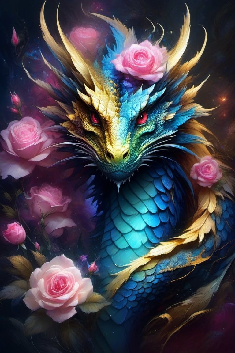 large water dragon, centred, fantasy forest at night, dark blue sky, photo, beautiful glowing pink and gold roses, beautiful, Michael Garmash, Carne Griffiths, Jean Baptiste Monge, strybk style, warm dreamy lighting, matte background, volumetric lighting, fluid acrylic, dynamic gradients, bold color, illustration, highly detailed, simple, smooth and clean vector curves, no jagged lines