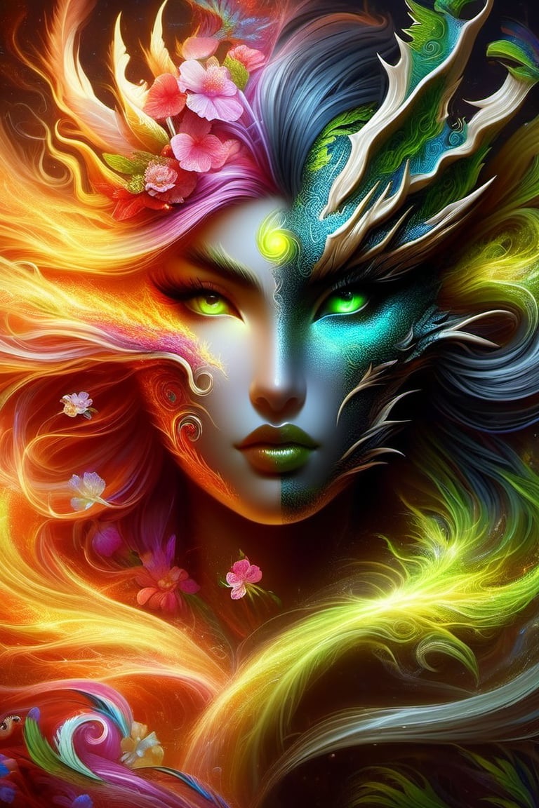 earth, air, fire and water dragon, anthropomorphic. head and shoulders portrait, hyperdetailed, 1girl, four elements, shadowlike deity, dreamlike, breathtaking hyperdetailed fantasy art, beautiful colours, insane depth, perfect composition, intricate detail, beautiful vibrant background 1girl, solo, hair ornament, green eyes, flower, lips, leaf, feathers, realistic, dark
