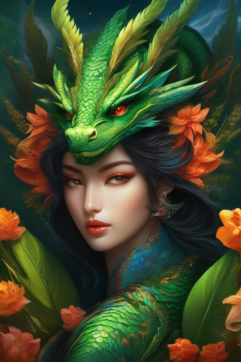 earth, air, fire and water dragon, anthropomorphic. head and shoulders portrait, hyperdetailed, 1girl, four elements, shadowlike deity, dreamlike, breathtaking hyperdetailed fantasy art, beautiful colours, insane depth, perfect composition, intricate detail, beautiful vibrant background 1girl, solo, hair ornament, green eyes, flower, lips, leaf, feathers, realistic, dark
