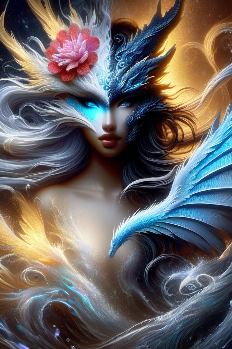 ice and water dragon, anthropomorphic. head and shoulders portrait, hyperdetailed, 1girl, four elements, shadowlike deity, dreamlike, breathtaking hyperdetailed fantasy art, beautiful water cold colours, insane depth, perfect composition, intricate detail, beautiful vibrant background 1girl, solo, hair ornament, blue eyes, flower, lips, ocean flowing water, feathers, realistic, dark
