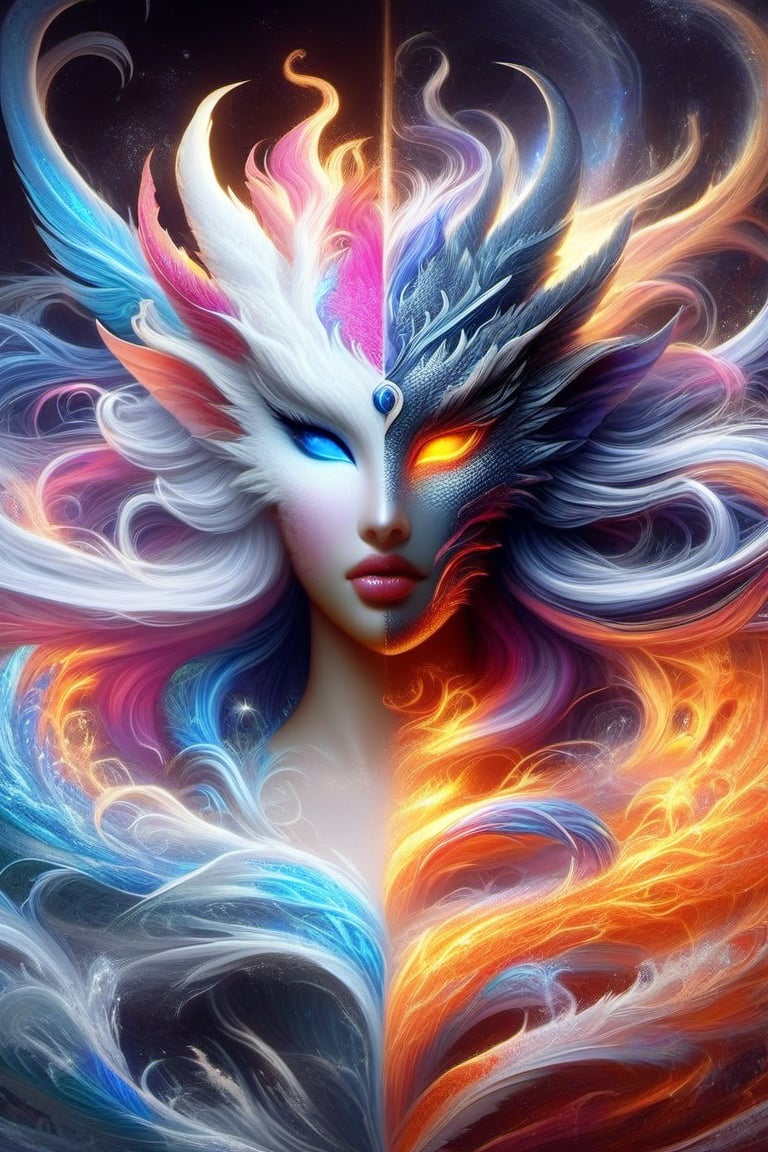 fire and ice dragon, anthropomorphic. head and shoulders portrait, hyperdetailed, 1girl, four elements, shadowlike deity, dreamlike, breathtaking hyperdetailed fantasy art, beautiful water cold colours, insane depth, perfect composition, intricate detail, beautiful vibrant background 1girl, solo, hair ornament, blue eyes, flower, lips, ocean flowing water, feathers, realistic, dark
