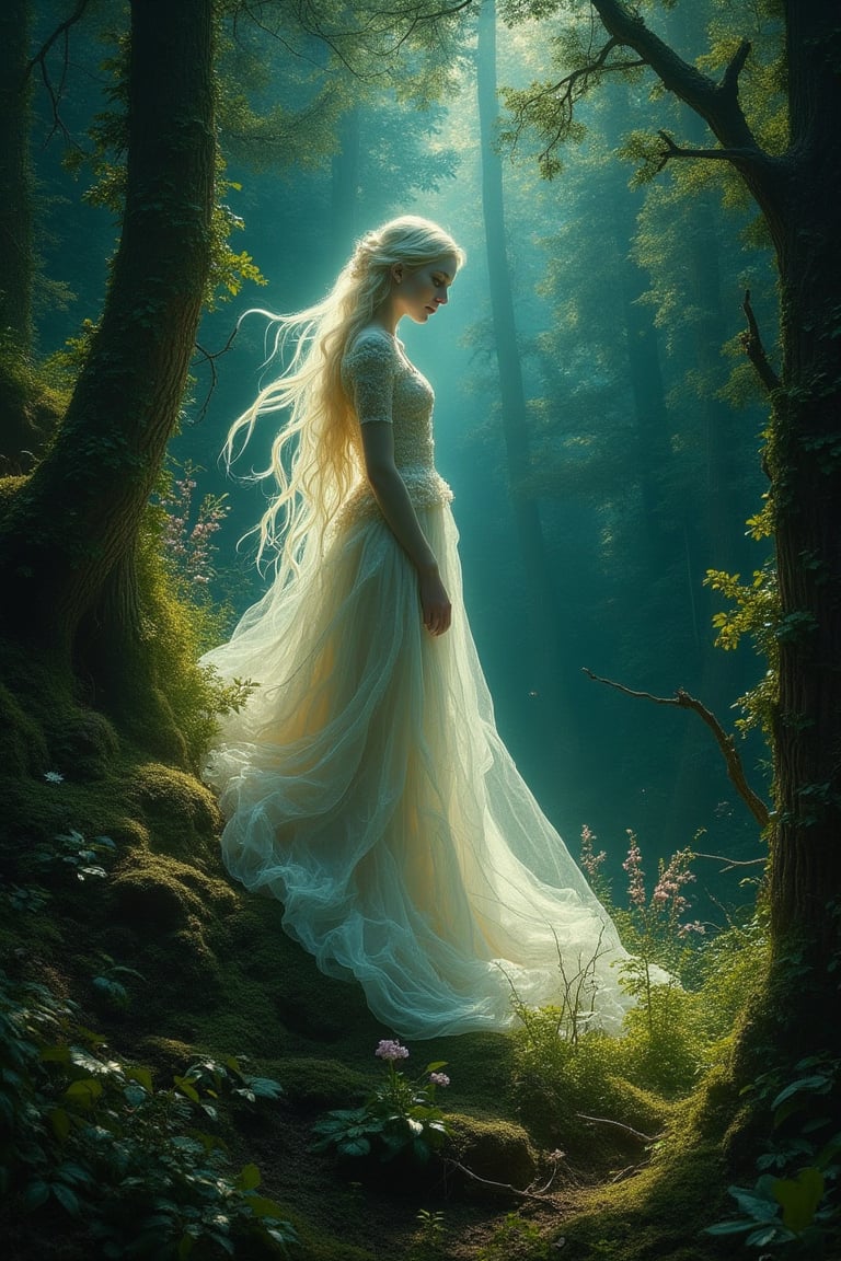 In this hauntingly beautiful painting, the goddess of nature stands majestically at the edge of the world, her left side bathed in brilliant white light, while her right side is shrouded in dark green mystery. A fine art fusion of Drew Struzan and Karol Bak's styles. The composition is masterful, with intricate details of forest foliage, flowers, and metallic ink accents. The lighting is sublime, casting long shadows across the dark background. A gothic masterpiece reminiscent of Ilya Kuvshinov's eerie landscapes and Russ Mills' mystical illustrations.