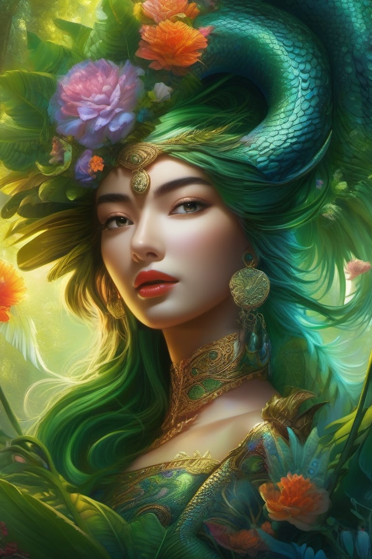 earth, air, fire and water dragon, anthropomorphic. head and shoulders portrait, hyperdetailed, 1girl, four elements, shadowlike deity, dreamlike, breathtaking hyperdetailed fantasy art, beautiful colours, insane depth, perfect composition, intricate detail, beautiful vibrant background 1girl, solo, hair ornament, green eyes, flower, lips, leaf, feathers, realistic, dark
