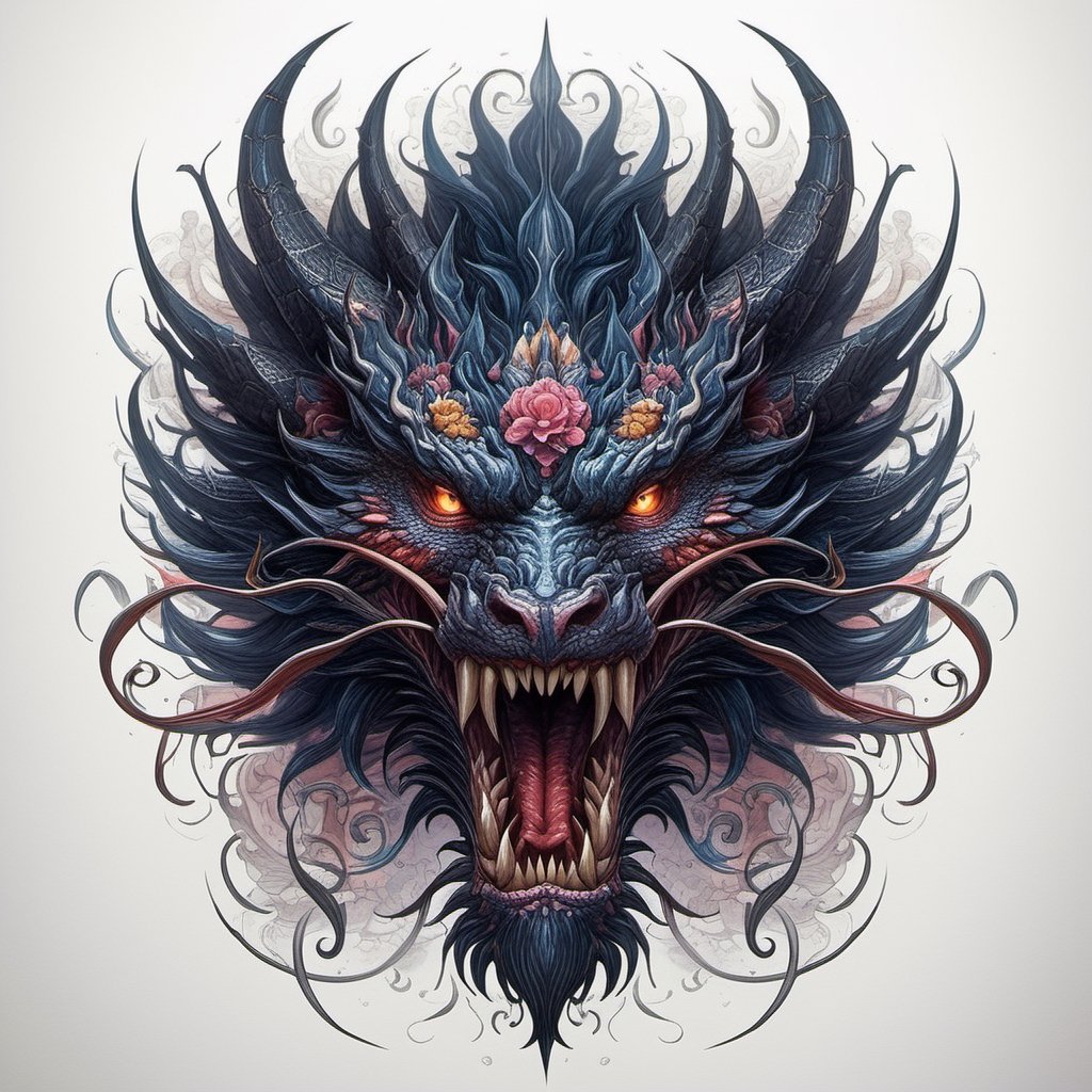 a detailed (tattoo design) of a dragon head, front view, on white paper, head facing out, fierce dragon, intricate details, angry, beautiful shading, dragon mouth is open, photorealistic, creative, symmetrical, colorful, on a white sheet of paper,  reimagined as digital art by Tran Nguyen Jeremy Mann Frank Frazetta Carne Griffiths WLOP, Intricate, Complex contrast, HDR, Sharp, soft Cinematic Volumetric lighting, stylized colours, perfect fantasy art masterpiece