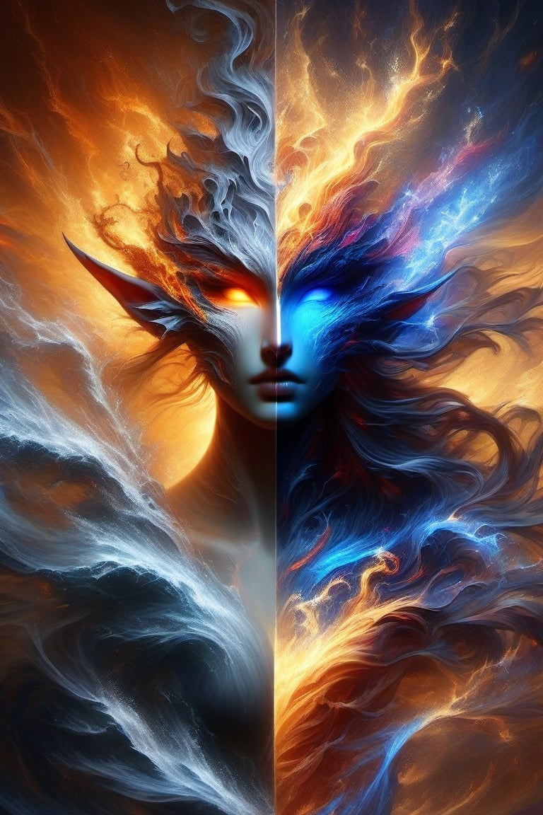 photograph, left half ONLY fire red orange fiery, right ONLY half water flowing white/blue, beautiful watercolour splashes, head and shoulders portrait, (female human:1.3) 8k resolution concept art portrait by Greg Rutkowski, Artgerm, WLOP, Alphonse Mucha dynamic lighting hyperdetailed intricately detailed Splash art trending on Artstation triadic colors Unreal Engine 5 volumetric lighting, A 3D-rendered image of a majestic elf deity left half fire right half water, beautiful background with detailed and dynamic lighting creating a sense of depth and realism.