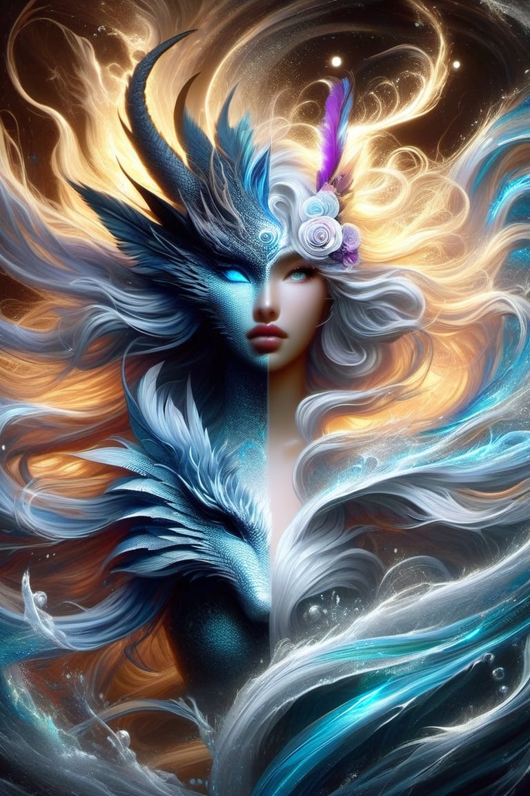 ice and water dragon, anthropomorphic. head and shoulders portrait, hyperdetailed, 1girl, four elements, shadowlike deity, dreamlike, breathtaking hyperdetailed fantasy art, beautiful water cold colours, insane depth, perfect composition, intricate detail, beautiful vibrant background 1girl, solo, hair ornament, blue eyes, flower, lips, ocean flowing water, feathers, realistic, dark
