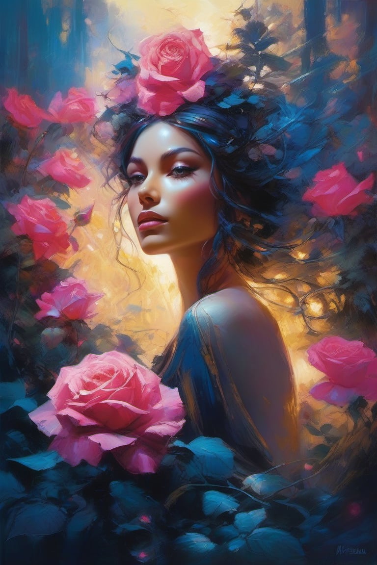 beautiful water deity, centred, fantasy forest at night, dark blue sky, photo, beautiful glowing pink and gold roses, beautiful, Michael Garmash, Carne Griffiths, Jean Baptiste Monge, strybk style, warm dreamy lighting, matte background, volumetric lighting, fluid acrylic, dynamic gradients, bold color, illustration, highly detailed, simple, smooth and clean vector curves, no jagged lines