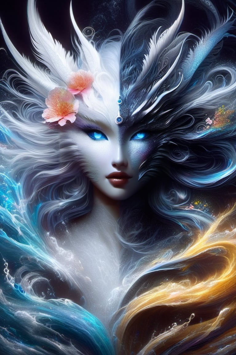 ice and water dragon, anthropomorphic. head and shoulders portrait, hyperdetailed, 1girl, four elements, shadowlike deity, dreamlike, breathtaking hyperdetailed fantasy art, beautiful water cold colours, insane depth, perfect composition, intricate detail, beautiful vibrant background 1girl, solo, hair ornament, blue eyes, flower, lips, ocean flowing water, feathers, realistic, dark
