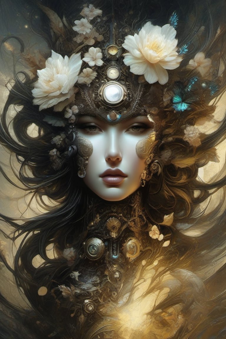 Highly detailed, highly cinematic, close-up image of a goddess of nature over the world, steampunk mechanical, lots of details, flowers, metallic ink, beautifully lit, a fine art painting by drew struzan and karol bak, gothic art, dark and mysterious, ilya kuvshinov, russ mills