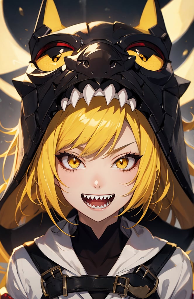 sharp teeth, High resolution, retouching, sharp smile on the mask, yellow eyes, yellow hair, cara perfecta,anime,h4l0w3n5l0w5tyl3DonML1gh7,JessicaWaifu, gek,fangs,1face