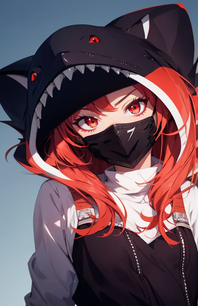 sharp teeth, High resolution, retouching, sharp smile on the mask, red eyes, red hair, cara perfecta,anime,h4l0w3n5l0w5tyl3DonML1gh7,JessicaWaifu, gek,fangs,1face