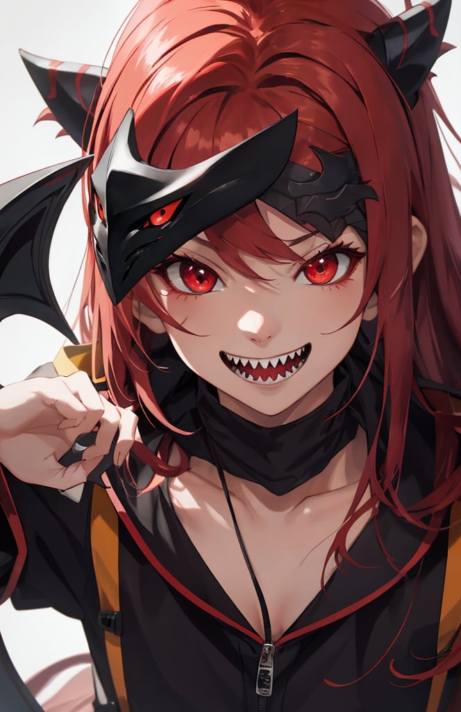 sharp teeth, High resolution, retouching, sharp smile on the mask, red eyes, red hair, cara perfecta,anime,h4l0w3n5l0w5tyl3DonML1gh7,JessicaWaifu, gek,fangs,1face