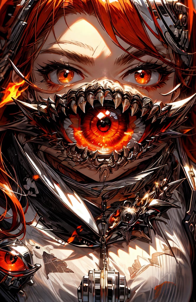 sharp teeth, High resolution, retouching, sharp smile on the mask, orange eyes, orange hair, cara perfecta,anime,h4l0w3n5l0w5tyl3DonML1gh7,JessicaWaifu, gek,fangs,1face,flaming eye,chrometech 