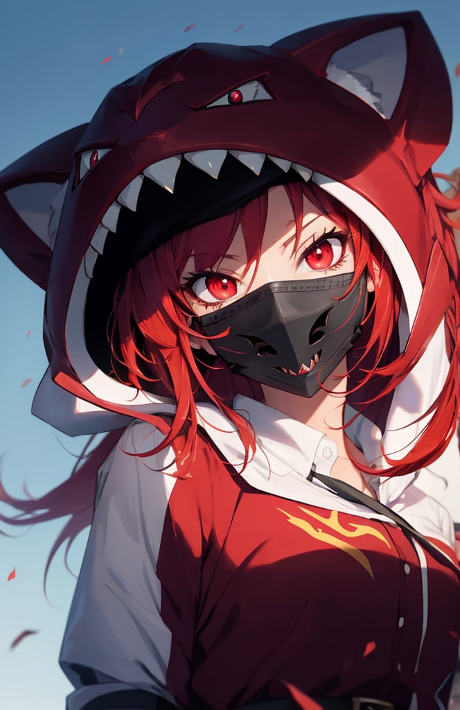 sharp teeth, High resolution, retouching, sharp smile on the mask, red eyes, red hair, cara perfecta,anime,h4l0w3n5l0w5tyl3DonML1gh7,JessicaWaifu, gek,fangs