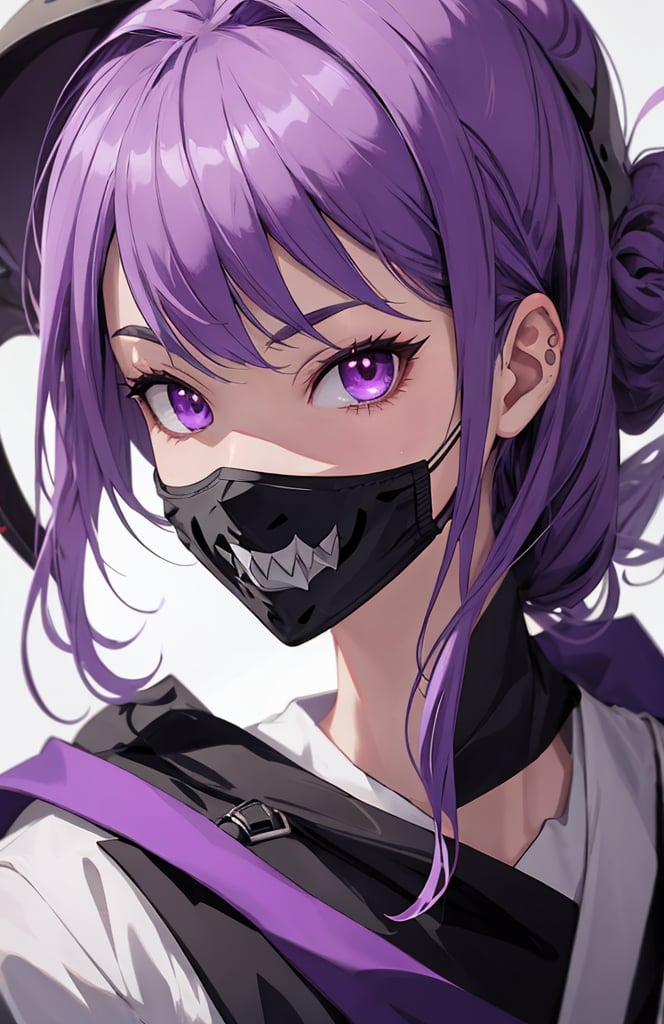 sharp teeth, High resolution, retouching, sharp smile on the mask, purple eyes, purple hair, cara perfecta,anime,h4l0w3n5l0w5tyl3DonML1gh7,JessicaWaifu, gek,fangs,1face