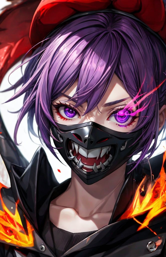 sharp teeth, High resolution, retouching, sharp smile on the mask, purple eyes, purple hair, cara perfecta,anime,h4l0w3n5l0w5tyl3DonML1gh7,JessicaWaifu, gek,fangs,1face,flaming eye