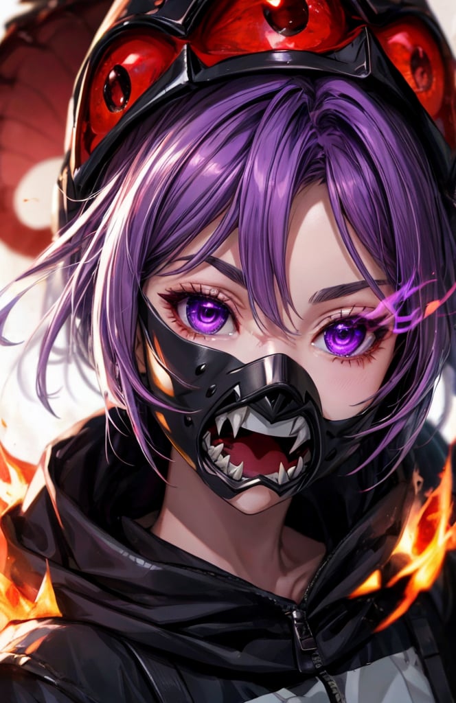 sharp teeth, High resolution, retouching, sharp smile on the mask, purple eyes, purple hair, cara perfecta,anime,h4l0w3n5l0w5tyl3DonML1gh7,JessicaWaifu, gek,fangs,1face,flaming eye