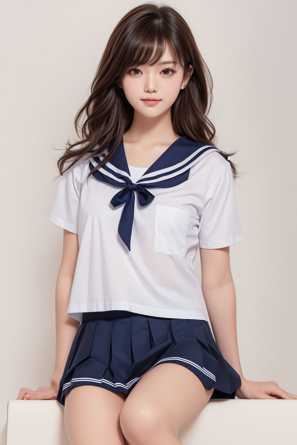 1cute girl, 20yo, small cute face, brown long wavy hair, bangs, wearing a short sleeve sailor unit and navy pleated skirt, simple white background, simple white wall, realistic, photorealistic, ultra high res, ultra detailed, best quality, masterpiece , ((beautiful pubic hair:1.2)),flat_chest,((full_body)),((beautiful legs))