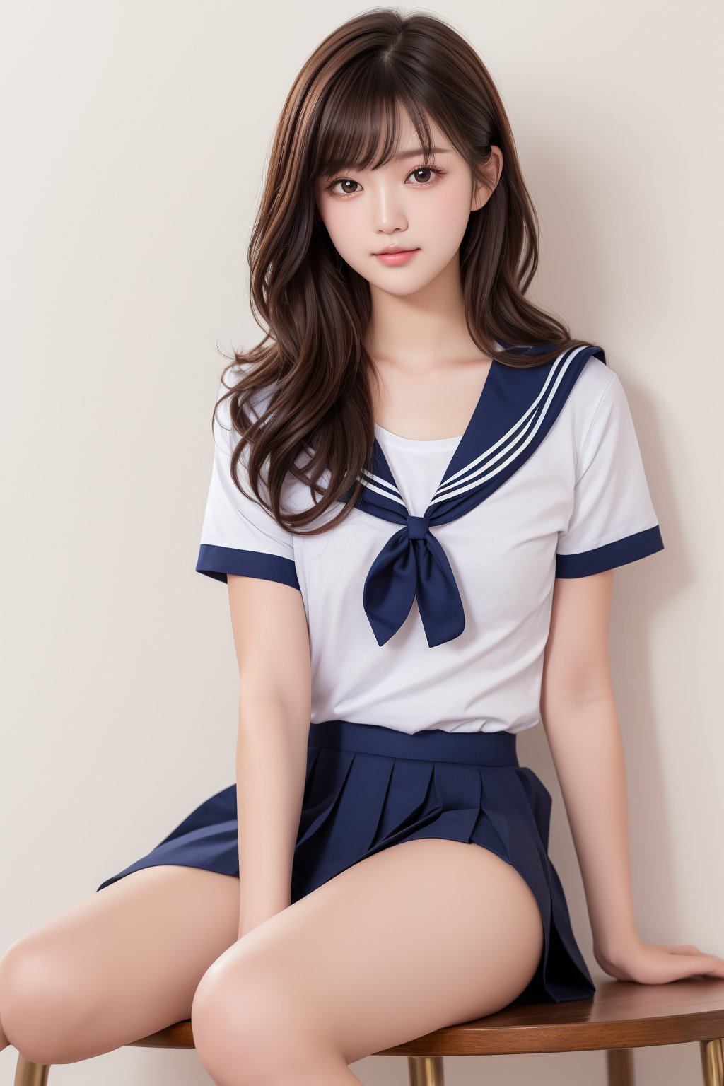 1cute girl, 20yo, small cute face, brown long wavy hair, bangs, wearing a short sleeve sailor unit and navy pleated skirt, simple white background, simple white wall, realistic, photorealistic, ultra high res, ultra detailed, best quality, masterpiece , ((beautiful pubic hair:1.2)),flat_chest,((full_body)),((beautiful legs))