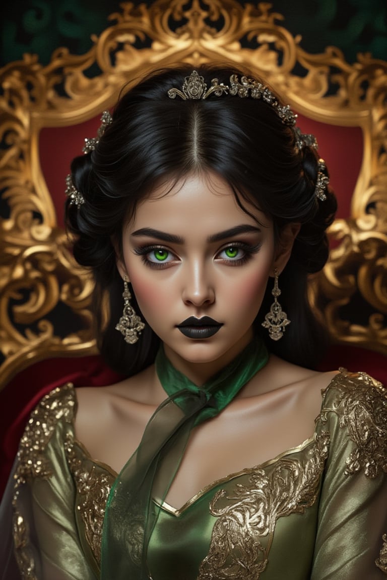 A high-quality, detailed rococo girl with black hair and green eyes, adorned with metal face decorations and silver earrings. Her black lipstick contrasts sharply with her flawless skin, and her eyes are rendered with extreme detail, capturing every nuance of her gaze. She is depicted as a PCV character, exuding an opulent magic aura. The scene is framed with intricate rococo elements, rich in detail and texture, highlighting her elegant attire and the magical energy surrounding her. The lighting is soft and warm, enhancing the luxurious feel of the composition. Her pose is graceful, with a subtle hint of mystery and power, perfectly embodying the essence of a rococo enchantress.