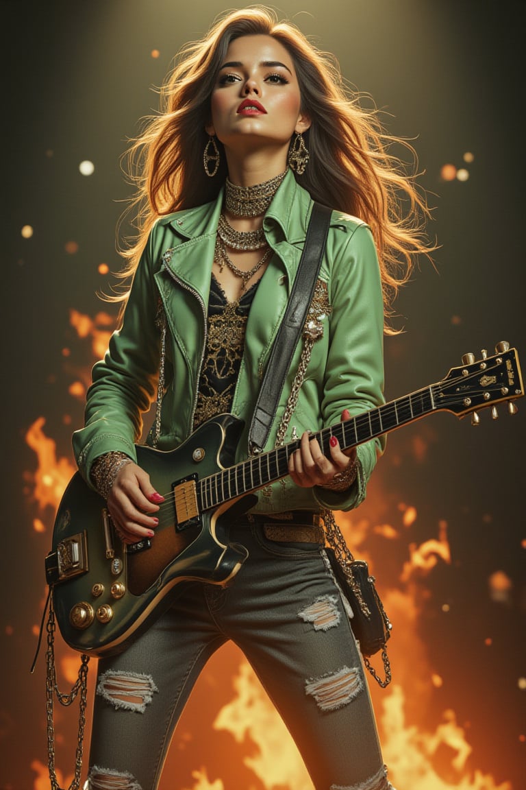 A stunning, ultra-detailed CG illustration of a fierce female rock star, wearing a light green bright leather jacket and ripped jeans, with dark eyeliner and pink lipstick. She stands tall, exuding a luxurious atmosphere, as she performs an epic guitar solo with her metal electric guitar, which is on fire. The cinematic lighting composition, looking up, showcases her powerful presence and optimal shadows, highlighting her extremely beautiful and detailed eyes, face, nose, and hands. This high-quality, photorealistic masterpiece captures the essence of a heavy metal, biker chick with chains and spikes, as she dominates the stage with her heavy music and fiery performance.