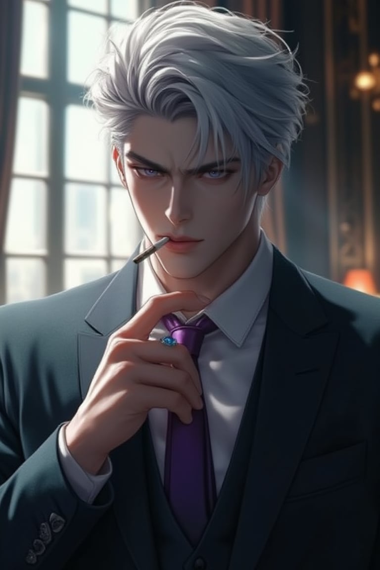 (Best Quality, 128K, High Definition, Masterpiece: 1.2), Ultra Detailed, (Real: 1.37), A 188cm tall man with extremely white skin, short silver hair, wearing formal clothes, he is handsome and detailed green Eyes focused and focused, lips pursed in determination. He stood in front of the floor-to-ceiling window of a large private office, with backlight, smoking a cigarette, and his mood was very serious. His eyes looked at the camera, and he smiled coldly. A poised movement. Male focus, purple tie, watch, sapphire ring, high resolution details. Rococo art, anime style. Incredible and mysterious atmosphere. (whole body)