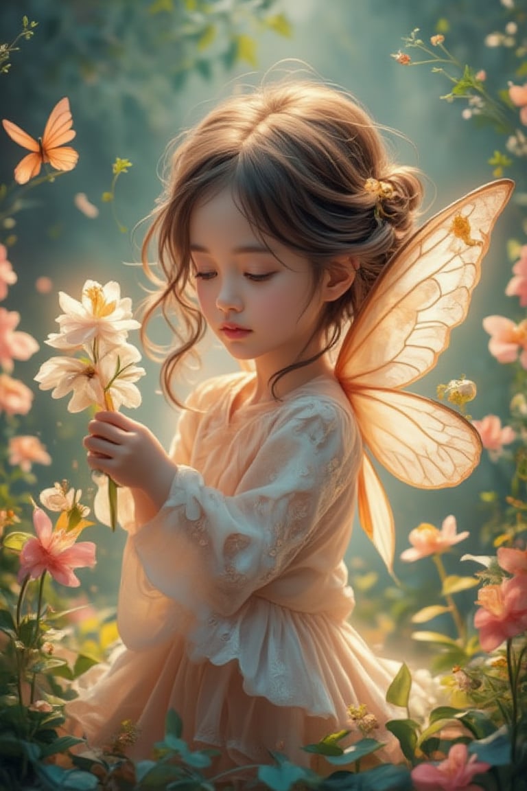 A little girl holding a delicate flower, inspired by Nicoletta Ceccoli, Penny Patricia Poppycock, Lü Ji, and Susan Heidi, with elements of fairy cgsociety and Jeka Kemp's style. The scene is a cute, detailed digital art piece by a Korean artist, focusing on a beautiful fairylike figure. The girl is framed in a whimsical, fairy-inspired setting, with soft, enchanting lighting. Her pose is gentle, with a serene expression, surrounded by intricate fairy motifs. The composition highlights the study of a flower fairy, capturing the essence of Ceccoli's enchanting style.