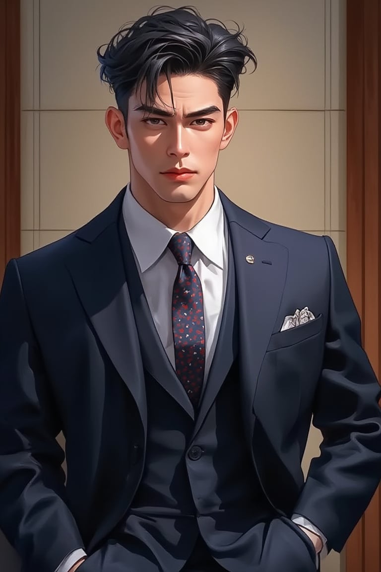 Korean cartoon style: handsome group president, tall (better looking than the best handsome male star), with sharp eyebrows, starry eyes, and arm-packing abs. He is wearing a handmade suit.
Coming out of the conference room after a morning meeting. The subordinates who were having a meeting with the chairman's male aide follow.
A completely conquering atmosphere. His stern face not only has a masculine aspect, but also a star face.
Official art is created with power.