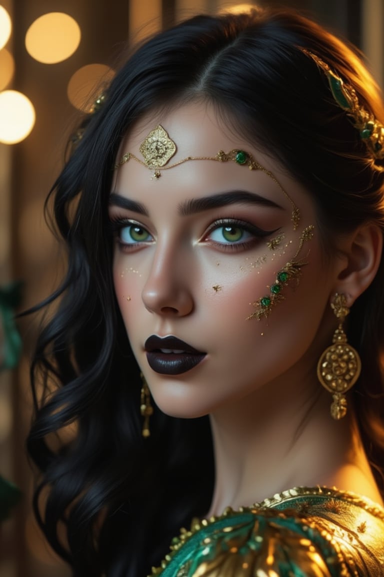 A rococo-style girl with the highest quality and detailed features, featuring long, wavy black hair and captivating green eyes adorned with intricate metal decorations on her face. She wears golden earrings and black lipstick, with her eyes rendered in extreme detail, capturing the essence of a PCV character. The scene is set with opulent magic elements, enhancing the overall aesthetic with a blend of elegance and mysticism. The composition is framed with meticulous attention to detail, ensuring every aspect is of perfect quality, from her delicate facial features to the magical ambiance surrounding her.