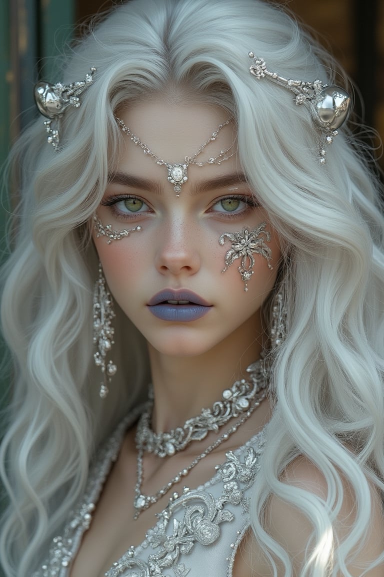 Rococo girl with white long wavy hair and green eyes, adorned with silver metal decoration on her face and silver earrings. She wears blue lipstick, with extremely detailed eyes and a pcv character design. The scene is enhanced by op magic, capturing the highest quality and detailed details. The composition is framed with perfect quality, featuring intricate rococo elements and opulent background.