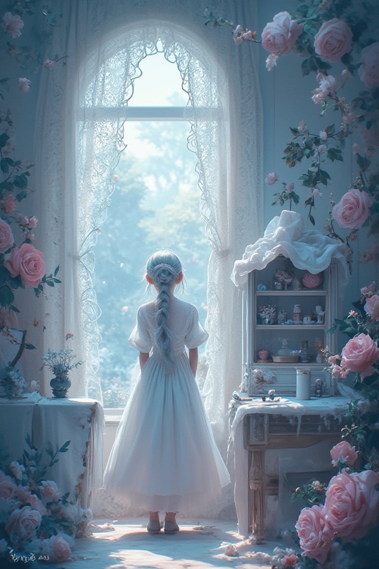 Enchanted Whispers by kyo8sai, a mesmerizing visual masterpiece featuring a girl with silver hair in a delicate braid, adorned with a ribbon, standing in a room filled with kawaii elements and light blue and pink roses. The scene is bathed in cinematic lighting, with floral prints and lace curtains creating a dreamy atmosphere. An elf boy with silver hair stands in a full-body shot, adding a touch of mystery. The dollhouse in the background is adorned with stars, flowers, and gems, enhancing the whimsical, fairy-tale charm. The room exudes a blend of pink gothic and pastel colors, with miscellaneous goods and an antimacassar draped over the dresser. The artwork is signed 'kyo8sai' on the edge, capturing a fusion of art nouveau elegance and kawaii cuteness.