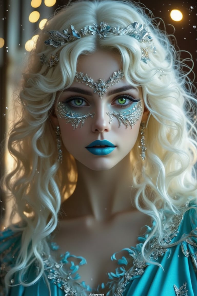 A rococo-style girl with the highest quality and detailed features, featuring long, wavy white hair and captivating green eyes adorned with intricate silver metal decorations on her face. She wears silver earrings and blue lipstick, with her eyes rendered in extreme detail, capturing the essence of a PCV character. The scene is set with opulent magic elements, enhancing the overall aesthetic with a blend of elegance and mysticism. The composition is framed with meticulous attention to detail, ensuring every aspect is of perfect quality, from her delicate facial features to the magical ambiance surrounding her.