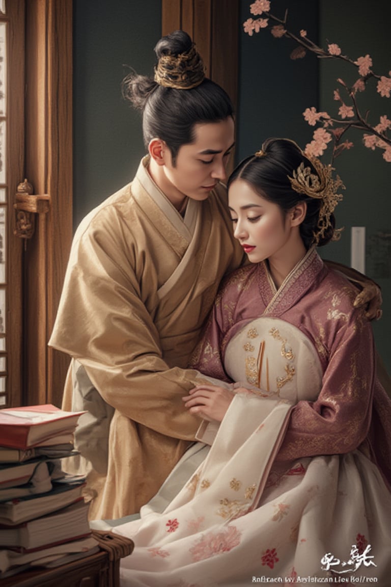 In ancient Korea, a stunning commoner girl faces societal oppression and poverty. Her mother plans to sell her to a brothel, but a kind-hearted scholar, who is thin yet handsome with a refined demeanor, uses his savings to redeem her. They marry, and the girl, now his wife, sells her exquisite embroidery while he studies for the imperial exams. The scene is depicted in an anime style, with a focus on their deep love and mutual support. The composition is framed with soft, romantic lighting, capturing the couple's tender moments and the girl's delicate embroidery work. The scholar is shown in a thoughtful pose, surrounded by books, while the girl's beauty and craftsmanship are highlighted in the detailed background.