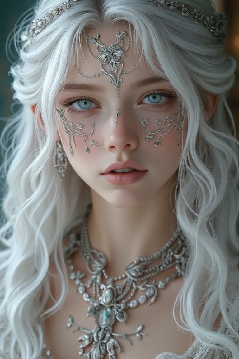 Rococo girl with white long wavy hair and green eyes, adorned with silver metal decoration on her face and silver earrings. She wears blue lipstick, with extremely detailed eyes and a pcv character design. The scene is enhanced by op magic, capturing the highest quality and detailed details. The composition is framed with perfect quality, featuring intricate rococo elements and opulent background.