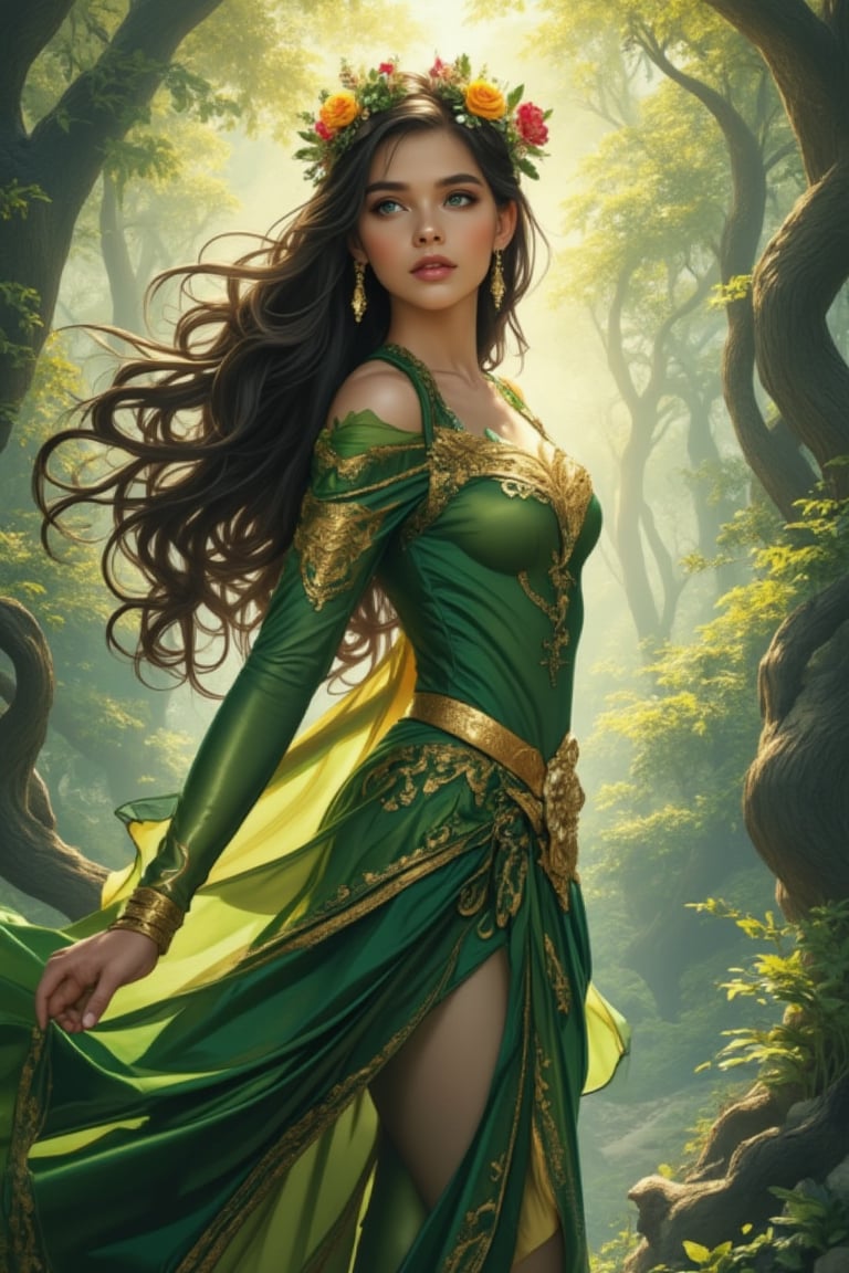 Anime style illustration of an extremely detailed, radiant 35-year-old spirit elf in a sun-dappled forest glade. Her dynamic posture and ethereal features are illuminated by the soft morning sunlight. A crown of flowers decorates her long black hair, and exquisite green armor wraps her graceful figure. Leaf-patterned tights and gold-edged earrings add subtle glamor to her divine face. Her emerald eyes sparkle like gems, set in a masterpiece of beauty beyond human comprehension. The vibrant visuals of color and intertwining black and white lines mimic the intricate crystal structures that adorn her.