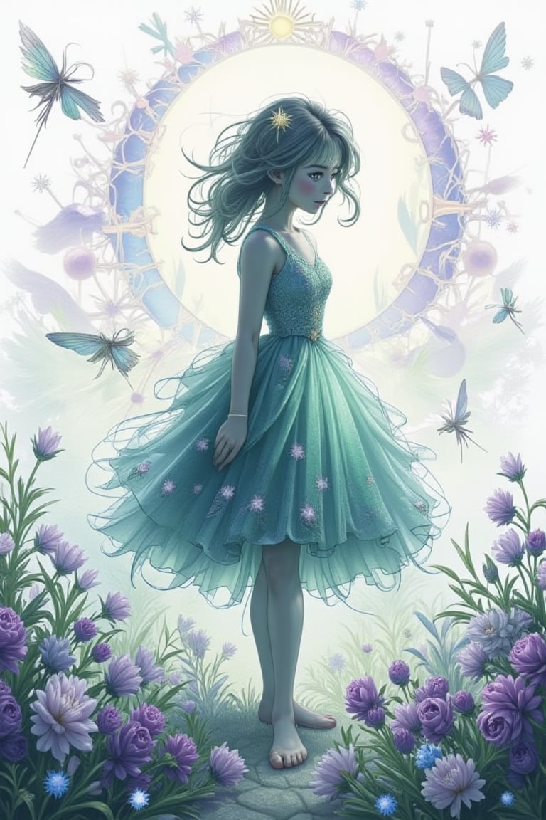 A silhouette of a curious girl with wispy locks and delicate features stands against a radiant white background, set in a mystical realm. In the distance, a fantastical landscape reminiscent of Studio Ghibli's whimsy unfolds. Vibrant hues of emerald and amethyst dance in the forefront, illuminated by an ethereal glow. The composition is framed with a subtle double exposure effect, creating an enchanting atmosphere of depth and dimensionality.