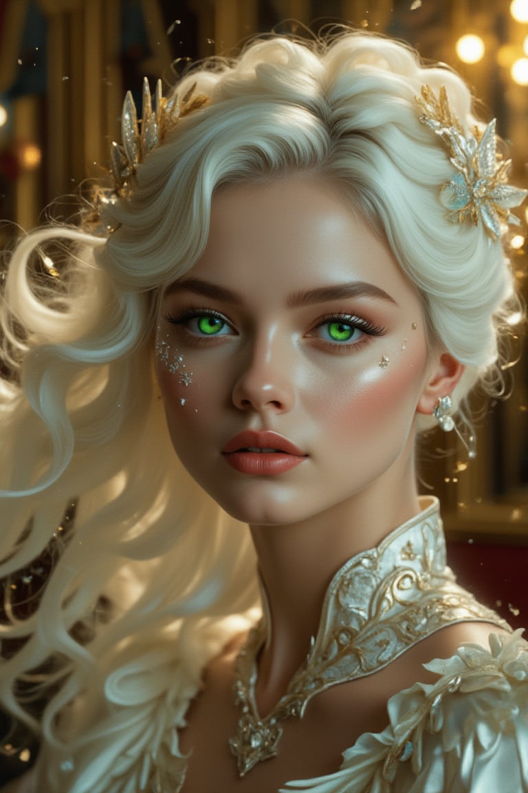 A rococo-style girl with the highest quality and detailed features, showcasing long, wavy white hair and striking green eyes adorned with intricate silver decorations on her face. She wears silver earrings and gold-colored lipstick, with her eyes rendered in extreme detail, capturing the essence of a PCV character. The scene is set with opulent magic elements, enhancing the overall aesthetic with a blend of elegance and mysticism. The composition is framed with meticulous attention to detail, ensuring every aspect is of perfect quality, from her delicate facial features to the magical ambiance surrounding her.