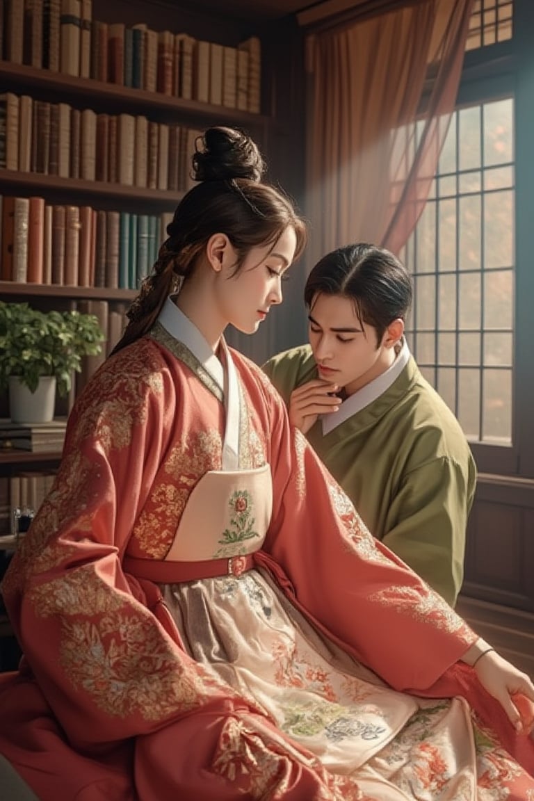 In ancient Korea, a stunning commoner girl faces societal oppression and poverty. Her mother plans to sell her to a brothel, but a kind-hearted scholar, who is thin yet handsome with a refined demeanor, uses his savings to redeem her. They marry, and the girl, now his wife, sells her exquisite embroidery while he studies for the imperial exams. The scene is depicted in an anime style, with a focus on their deep love and mutual support. The composition is framed with soft, romantic lighting, capturing the couple's tender moments and the girl's delicate embroidery work. The scholar is shown in a thoughtful pose, surrounded by books, while the girl's beauty and craftsmanship are highlighted in the detailed background.