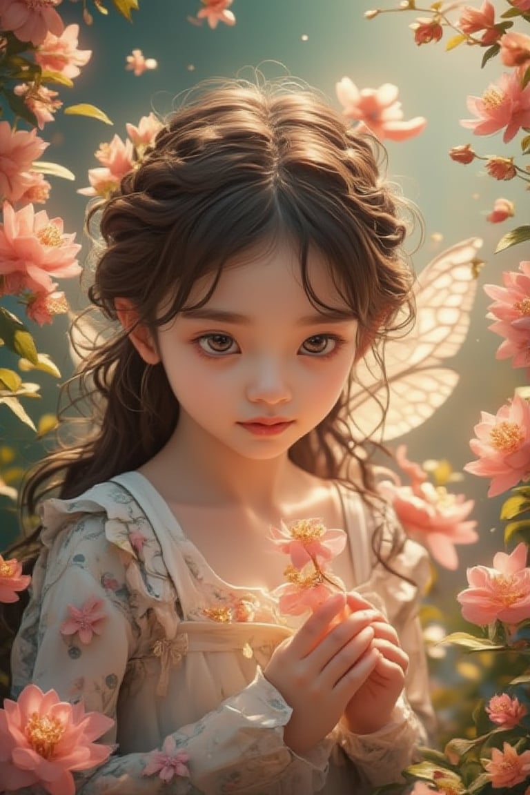 A little girl holding a delicate flower, inspired by Nicoletta Ceccoli, Penny Patricia Poppycock, Lü Ji, and Susan Heidi, with elements of fairy cgsociety and Jeka Kemp's style. The scene is a cute, detailed digital art piece by a Korean artist, focusing on a beautiful fairylike figure. The girl is framed in a whimsical, fairy-inspired setting, with soft, enchanting lighting. Her pose is gentle, with a serene expression, surrounded by intricate fairy motifs. The composition highlights the study of a flower fairy, capturing the essence of Ceccoli's enchanting style.