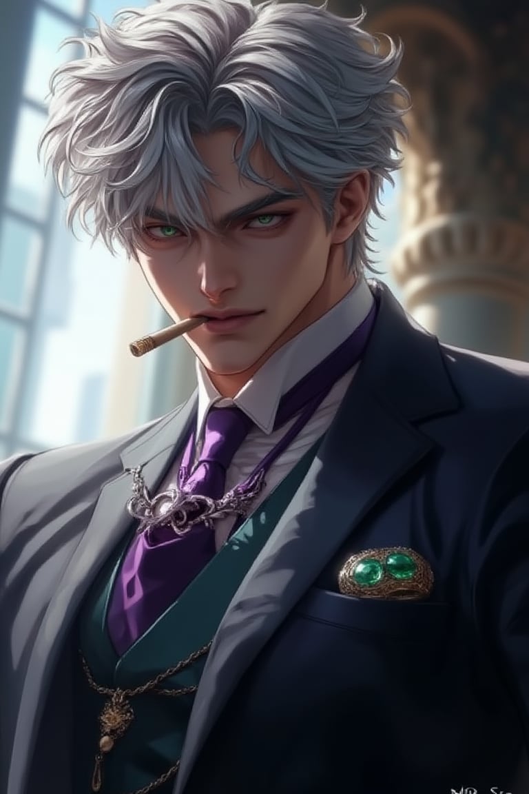 (Best Quality, 128K, High Definition, Masterpiece: 1.2), Ultra Detailed, (Real: 1.37), A 188cm tall man with extremely white skin, short silver hair, wearing formal clothes, he is handsome and detailed green Eyes focused and focused, lips pursed in determination. He stood in front of the floor-to-ceiling window of a large private office, with backlight, smoking a cigarette, and his mood was very serious. His eyes looked at the camera, and he smiled coldly. A poised movement. Male focus, purple tie, watch, sapphire ring, high resolution details. Rococo art, anime style. Incredible and mysterious atmosphere. (whole body)