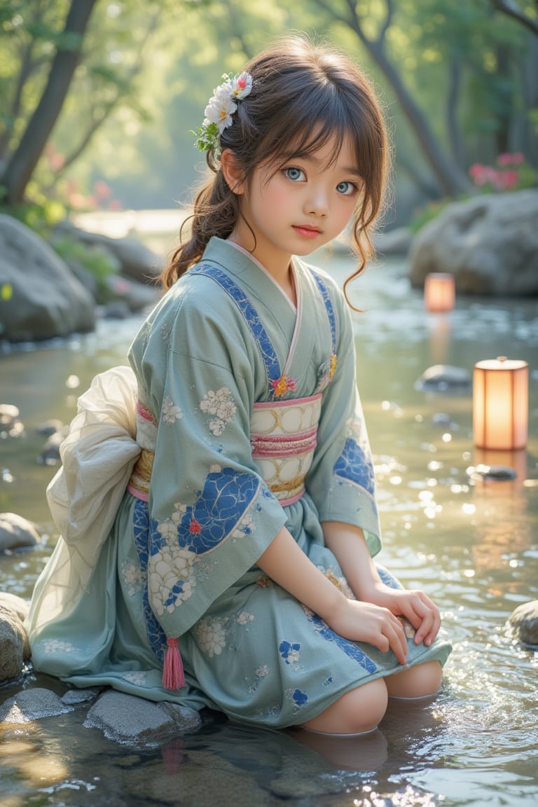 A medium shot portrait of a young girl in a traditional kimono, kneeling by a tranquil river bank. She has smart blue eyes, looking brightly at the camera, and gently places Toro water into the flowing river with her hands. Soft sunlight illuminates her pensive face, set against a Japanese-style pattern background. The composition centers on the girl, with the river and lanterns radiating outward. Watercolor strokes in soft blue and green tones reflect a peaceful atmosphere. Warm lighting and vibrant lanterns floating lazily on the water add to the tranquil scene with their soft glow.