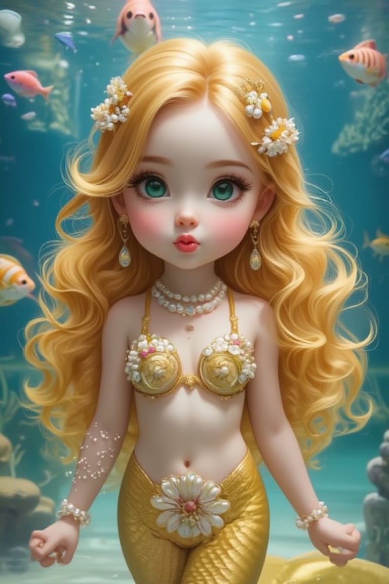 In a large seawater aquarium museum, an aquarium showcases a cute Q-version girl as a real golden mermaid, using shells to cover key parts of her chest. Her beautiful golden wavy silky long hair spreads out in the water, and she slightly purses her lips, looking directly at the audience. She wears hairpins, a rainbow pearl necklace, pearl earrings, and pearl bracelets. With big smart green eyes and long eyelashes, she is very beautiful and cute. The aquarium also features other fish species and aquatic plants. The focus of the scene is her playful expression and bright colors. This stunningly beautiful artwork captures the essence of a joyful moment.