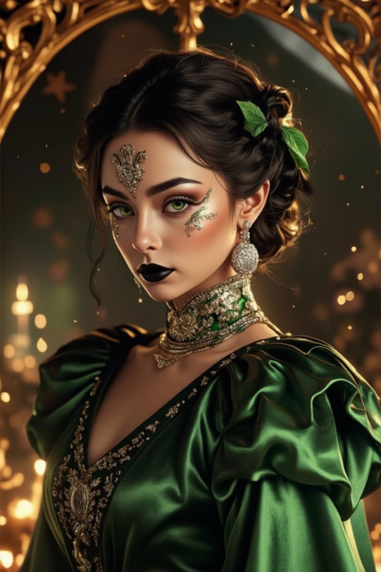 A high-quality, detailed rococo girl with black hair and green eyes, adorned with metal face decorations and silver earrings. Her black lipstick contrasts sharply with her flawless skin, and her eyes are rendered with extreme detail, capturing every nuance of her gaze. She is depicted as a PCV character, exuding an opulent magic aura. The scene is framed with intricate rococo elements, rich in detail and texture, highlighting her elegant attire and the magical energy surrounding her. The lighting is soft and warm, enhancing the luxurious feel of the composition. Her pose is graceful, with a subtle hint of mystery and power, perfectly embodying the essence of a rococo enchantress.