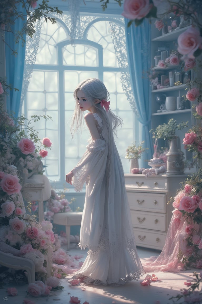 Enchanted Whispers by kyo8sai, a mesmerizing visual masterpiece featuring a girl with silver hair in a delicate braid, adorned with a ribbon, standing in a room filled with kawaii elements and light blue and pink roses. The scene is bathed in cinematic lighting, with floral prints and lace curtains creating a dreamy atmosphere. An elf boy with silver hair stands in a full-body shot, adding a touch of mystery. The dollhouse in the background is adorned with stars, flowers, and gems, enhancing the whimsical, fairy-tale charm. The room exudes a blend of pink gothic and pastel colors, with miscellaneous goods and an antimacassar draped over the dresser. The artwork is signed 'kyo8sai' on the edge, capturing a fusion of art nouveau elegance and kawaii cuteness.