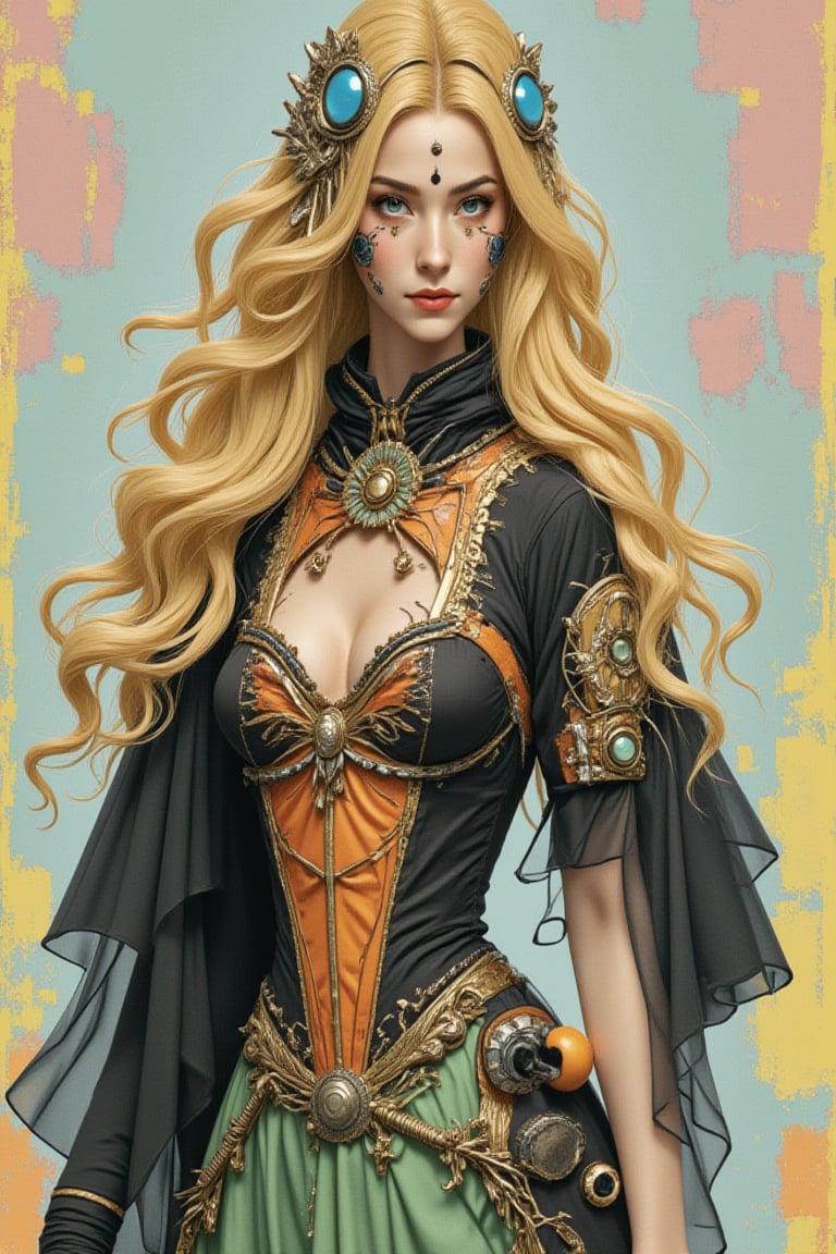 A beautiful acrylic model depicts a very beautiful woman with long wavy yellow hair, dressed as a romantic queen of love, blending the elegance of an empress with steampunk and cybernetic elements. She wears a striking black dress with an orange corset to highlight her waistline, and a light green skirt to add a playful touch. The costume features steampunk accessories—gears, goggles, and metallic details—combined with cybernetic enhancements to give her a futuristic edge. The background uses a light blue gradient color and light pink and light yellow complementary color textures to create a vibrant and dynamic atmosphere, highlighting her domineering power.