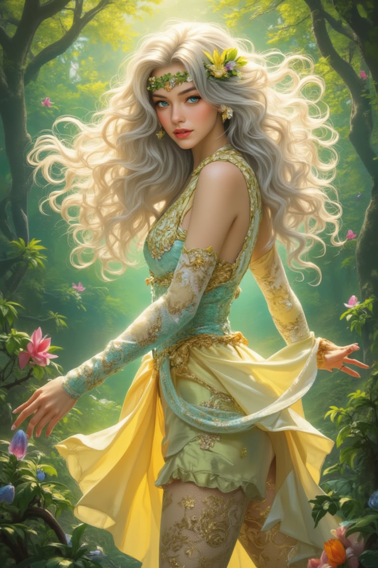 Anime style illustration of an extremely detailed, radiant 20-year-old spirit elf in a sun-dappled forest glade. Her head is adorned with colored crystals, her dynamic posture and elegant movements exuding ethereal beauty. Illuminated by the soft morning sun, she wears a crown of flowers in her long silver curly hair, and exquisite light green and light yellow armor wraps her graceful figure. Leaf-patterned tights and silver-edged earrings add subtle glamor to her divine face. Her bright blue eyes sparkle like gems, set in a masterpiece of beauty beyond human comprehension. The vibrant visuals of color and intertwining black and white lines mimic the intricate crystal structures that adorn her. Neoclassical art style.