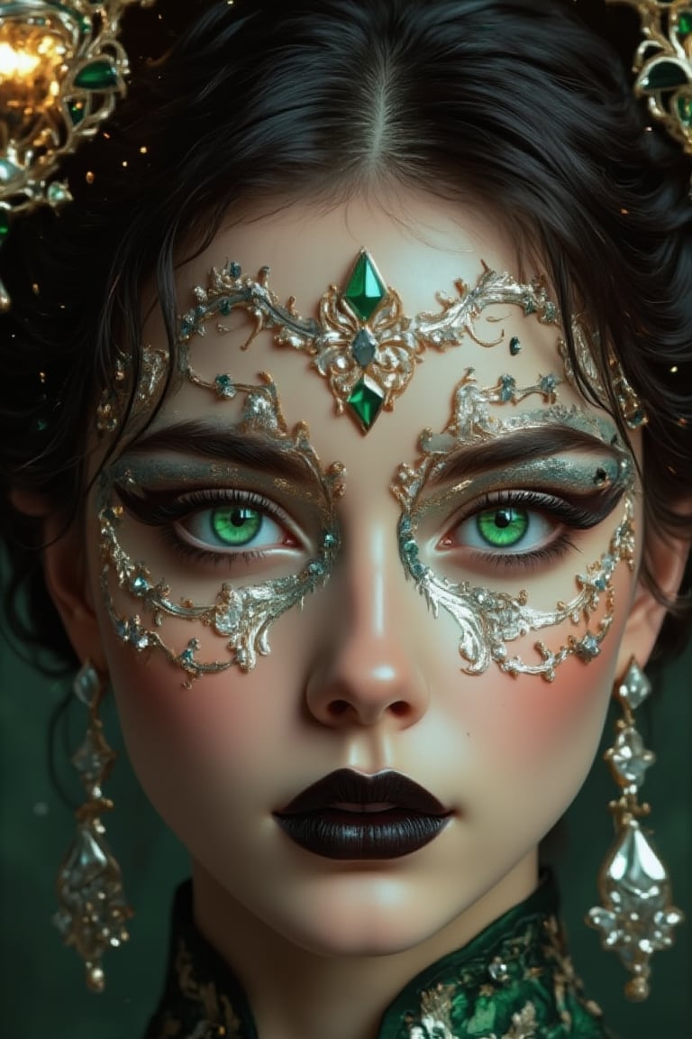 A rococo-style girl with high-quality, detailed features, including black hair and striking green eyes adorned with intricate metal decorations on her face. She wears silver earrings and black lipstick, with her eyes rendered in extreme detail, capturing the essence of a PCV character. The scene is set with opulent magic elements, enhancing the overall aesthetic with a blend of elegance and mysticism. The composition is framed with meticulous attention to detail, ensuring every aspect is of perfect quality, from her delicate facial features to the magical ambiance surrounding her.