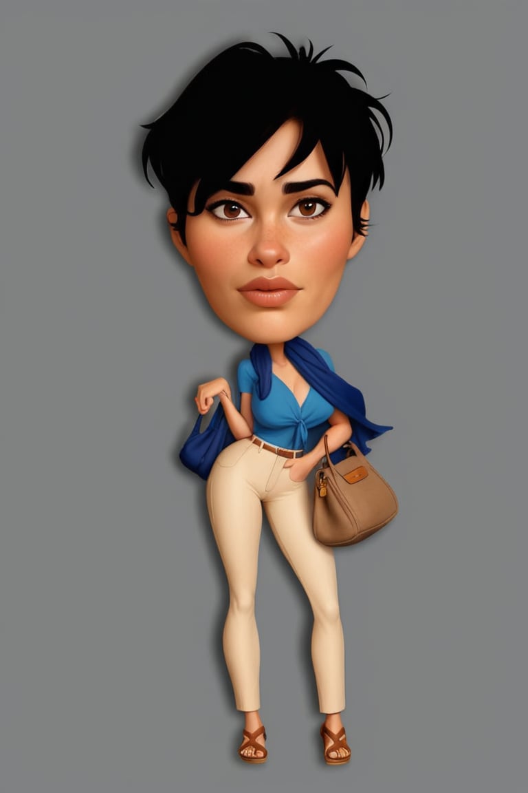 Digital drawing of a woman with short dark brown hair, thick eyebrows, large brown eyes, upturned nose, sexy and full lips, Fitness Body, blue blouse with an emphasis on the neckline up to the navel, wearing a shawl, tight cream body pants, with a bag hanging on her left arm, wearing brown sandals, 8k, Pixar style