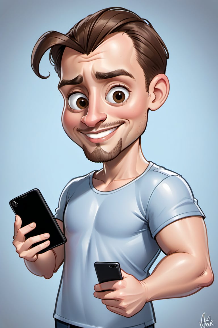 8k, cartoon of a man holding a tablet in his hands, caricature style, caricature illustration, cartoon digital art, caricature, caricaturista alarcón, digital art cartoon, cartoon portrait, caricature!!!, caricature, cartoon style Harry Volk clip art, in cartoon style, caricature, he is holding a smartphone, cartoon art style